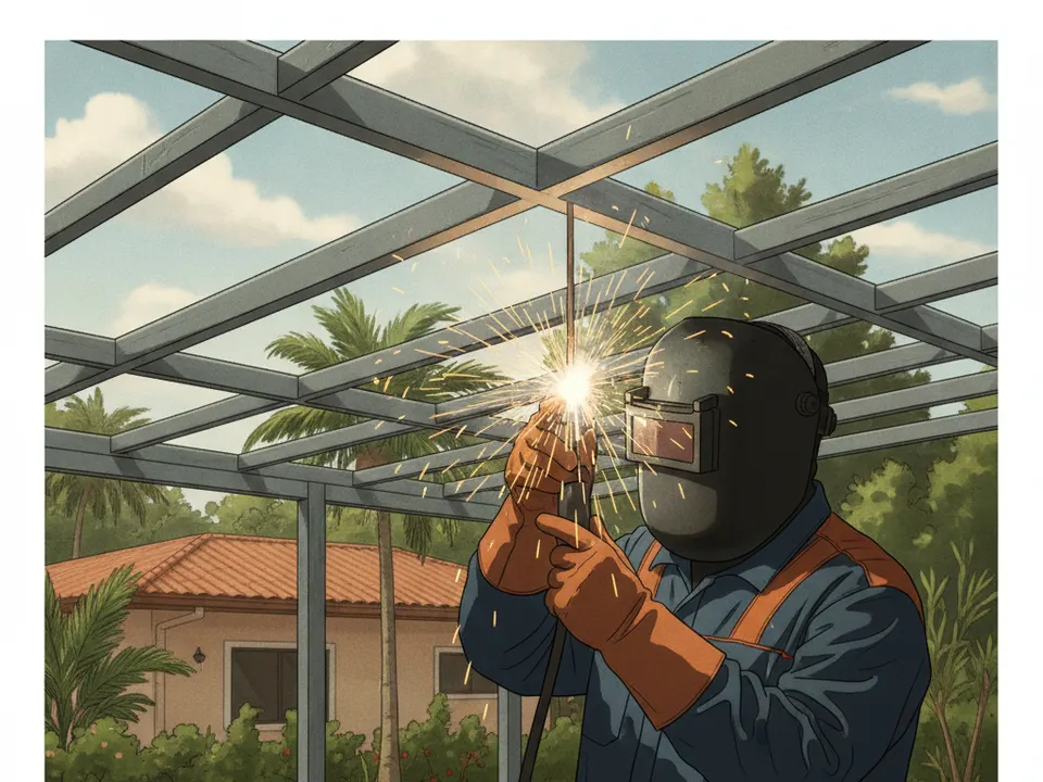 Ilustración de un soldador con careta trabajando en una estructura metálica de techo